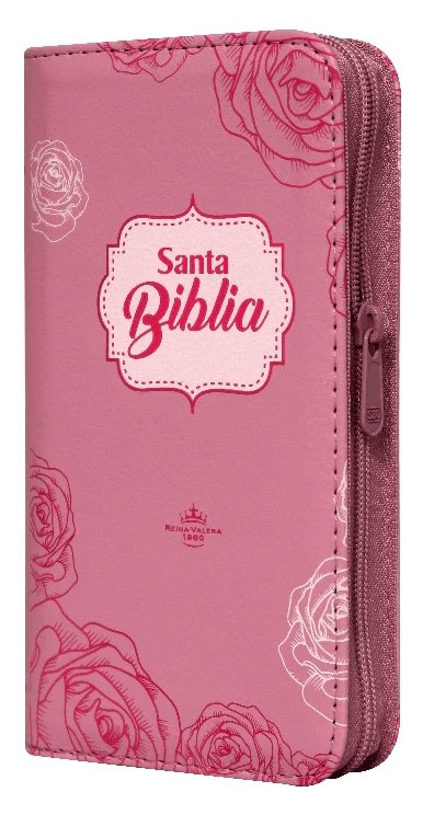 Reina Valera 60 tipo agenda con índice y cierre con ayudas QR flores rosa