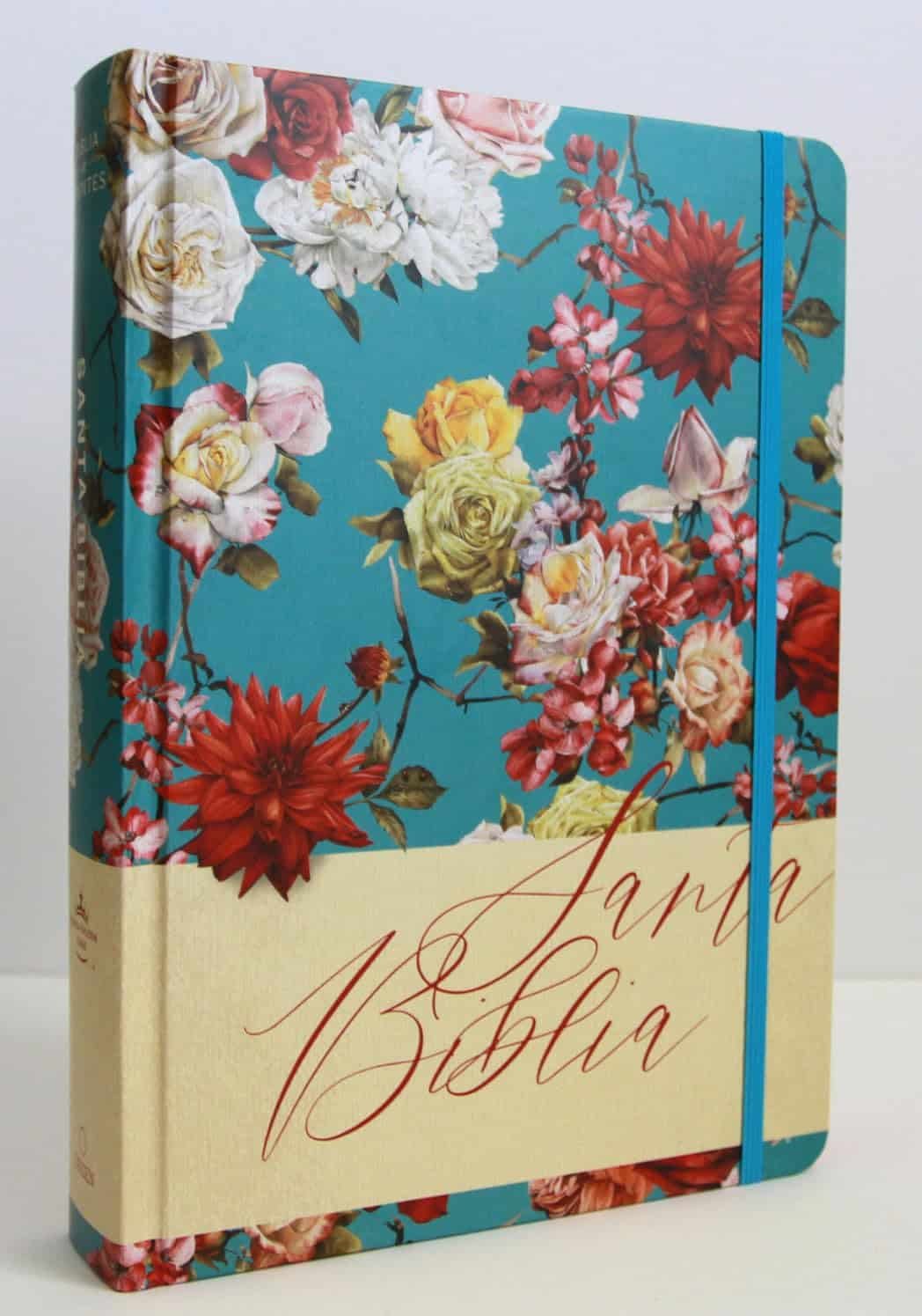 Biblia de Apuntes RVR 1960 Tapa dura, Azul celeste con flores, cantos pintados