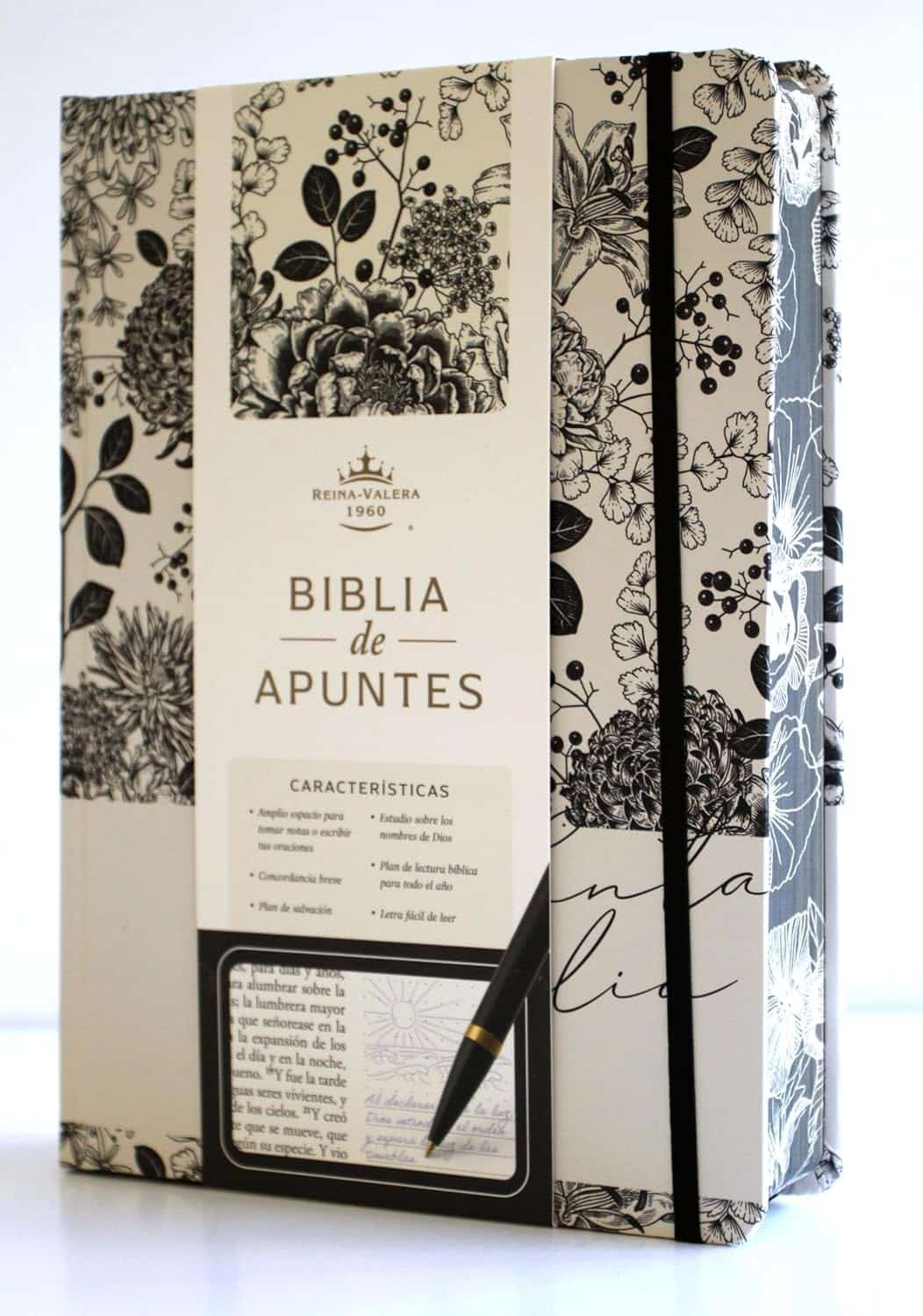 Biblia de Apuntes RVR 1960 Tapa dura, Blanco y negro con flores, Edición cantos pintados